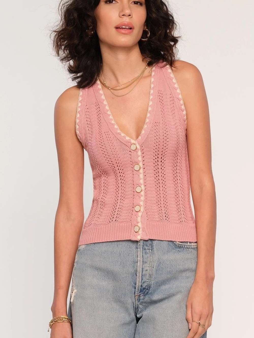 Heartloom Bethany Vest / Pink Knit Button-Front V-Neck Top, Size M